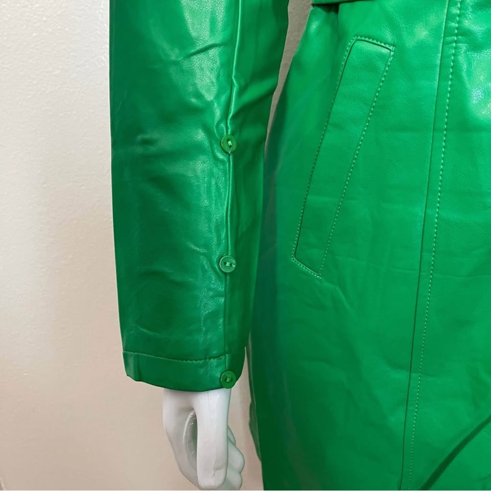 Green faux leather single breasted removable faux fur on collar trench coat - Picture 8 of 13